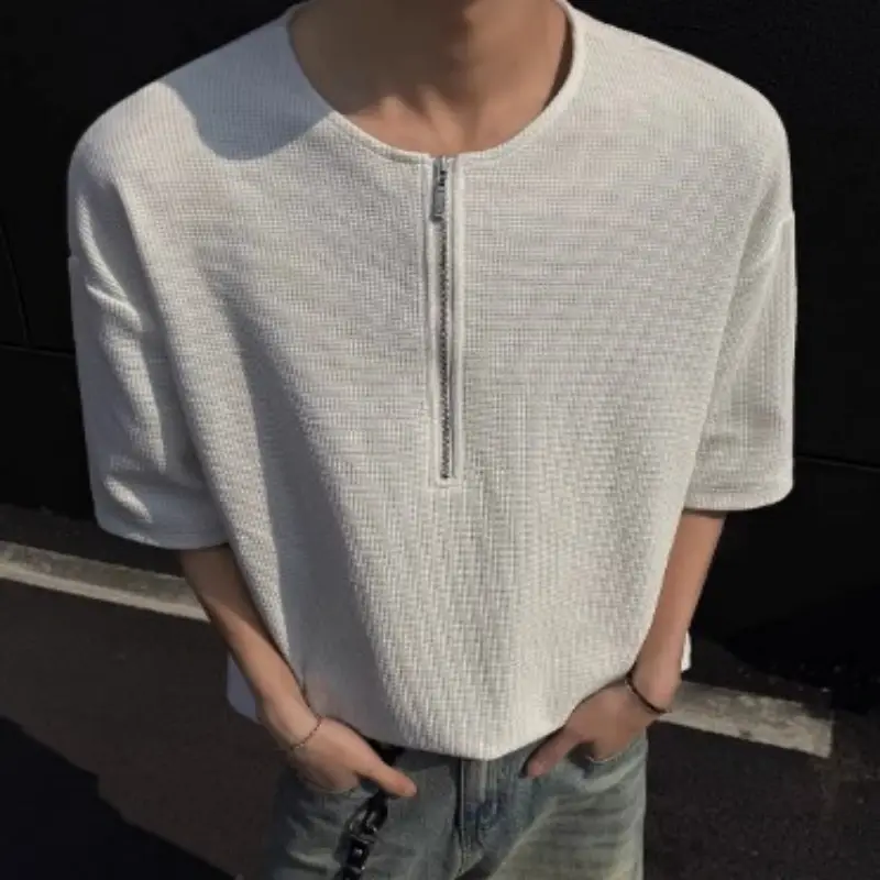 Mens Waffle-Texture Half-Zip Short-Sleeve T-Shirt