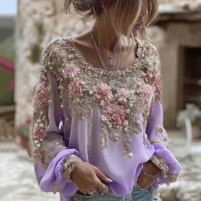 Printed Women's Round Neck Long Sleeve Vintage Bohemian Top - Jl Ct02 Sx6244-S