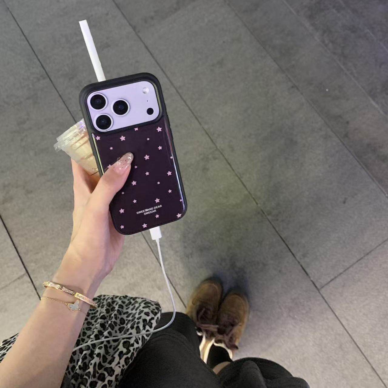 Chocolate-colored Star-patterned Magnetic Phone Case With Black Edges - Image 3