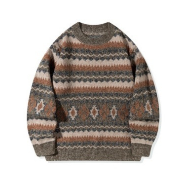 Mens Thickened Crew-Neck Pullover Sweater With Printed Design And Relaxed Fit