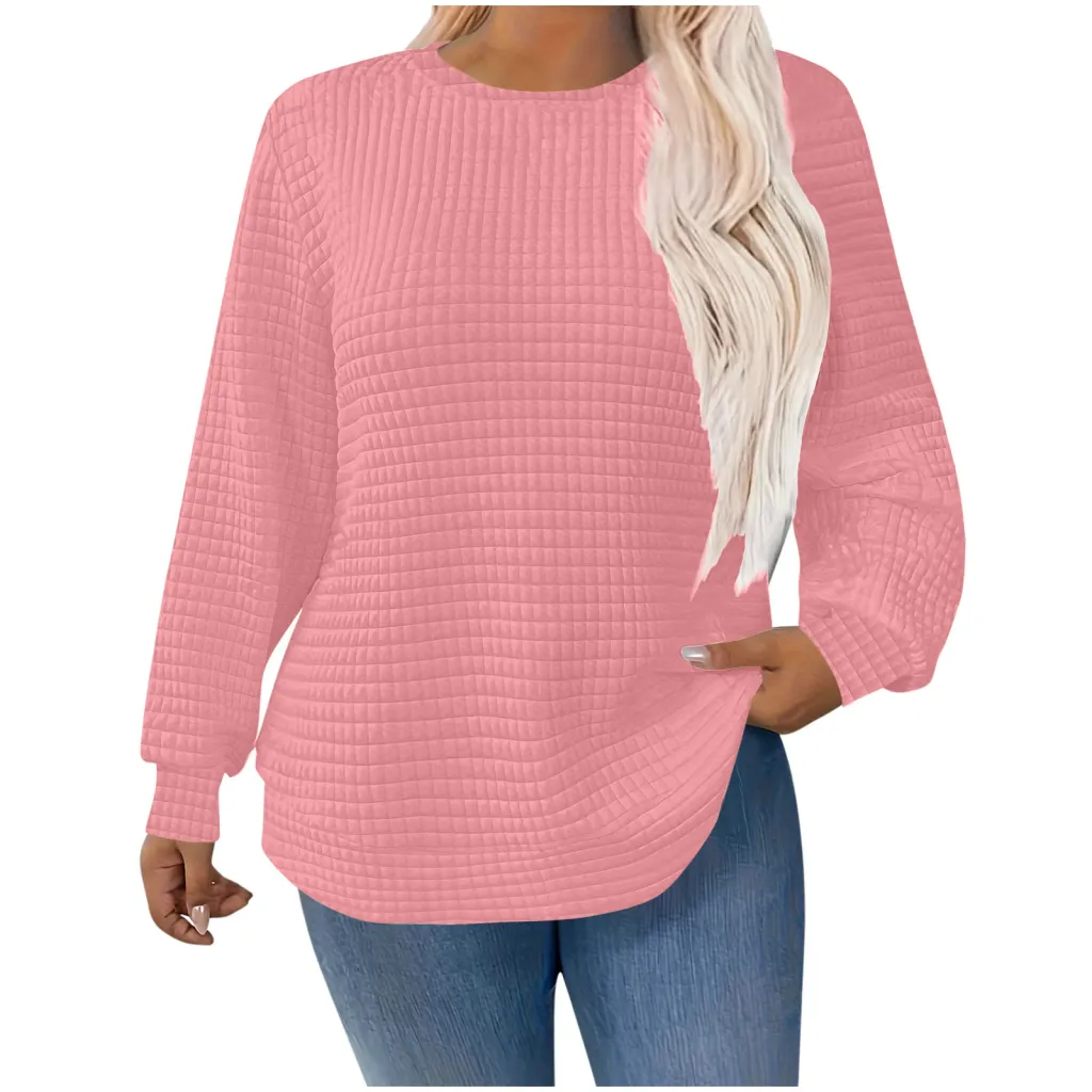 Women's Fashion All-match Casual Solid Color Square Plaid Pullover Sweater - Pink