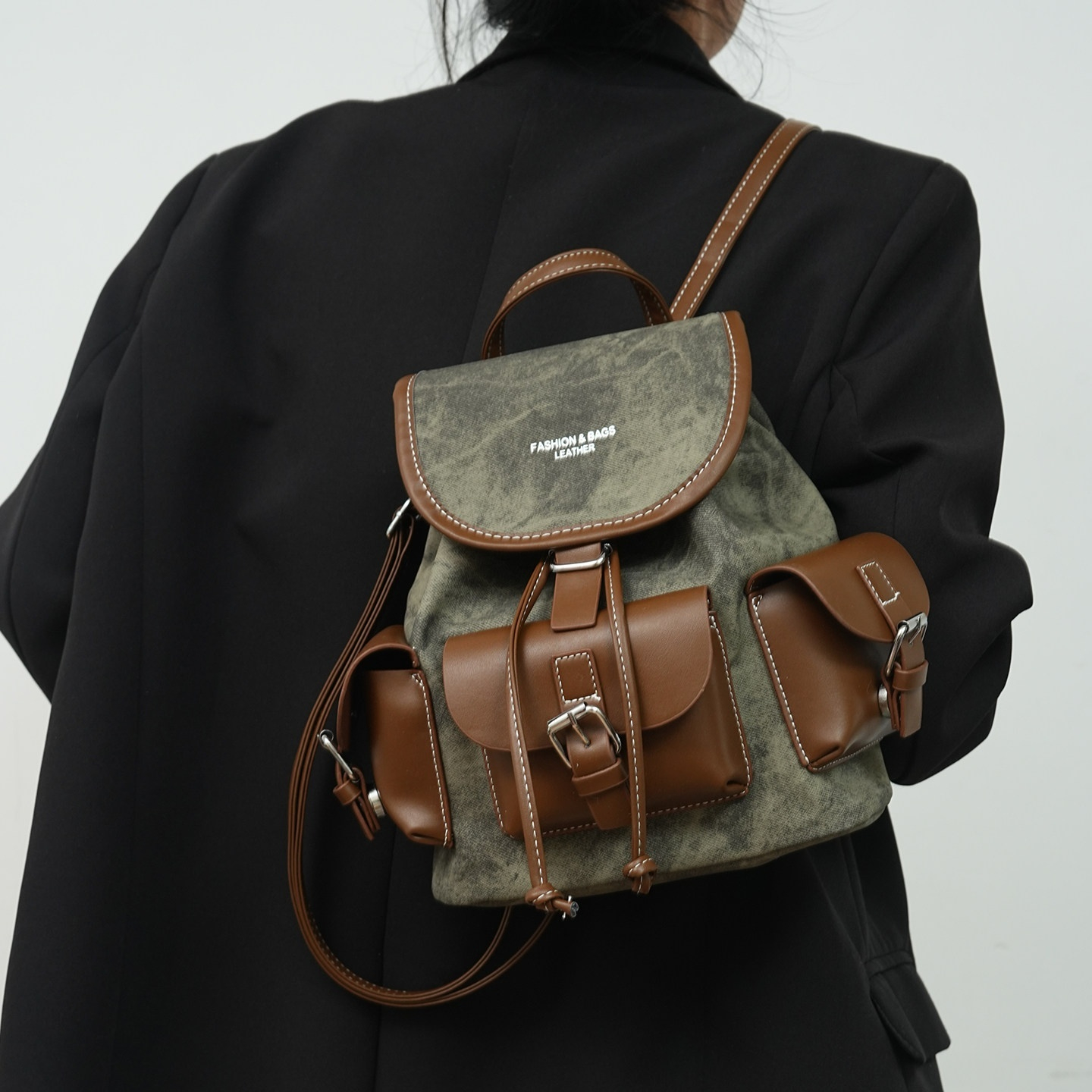 New High End Textured Retro Color Block Large Capacity Backpack For Women