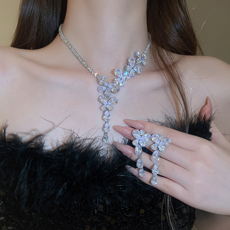 Silver Needle Zircon Butterfly Tassel Earrings And Necklace Set