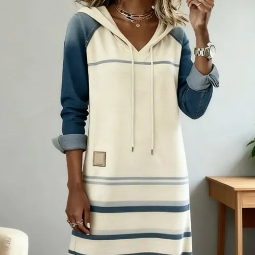 Womens Color Block Denim Hoodie Apricot - Shop at LoveMi