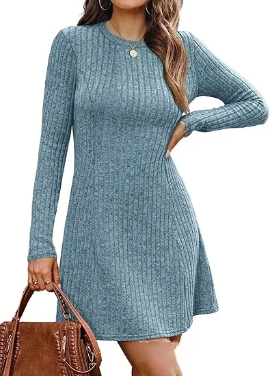 New AutumnWinter European And American Style Fitted Long Sleeve Sweater Dress For Women Blue - Shop at LoveMi