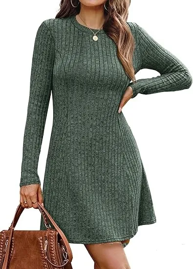 New AutumnWinter European And American Style Fitted Long Sleeve Sweater Dress For Women Green - Shop at LoveMi