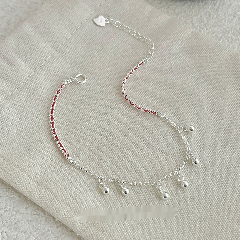S925 Silver Round Bead Tassel Red Rope Bracelet For Women