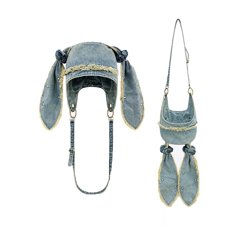 Water Washed Distressed Denim Bag And Hat Rabbit Ear Fringed Pullover Cap