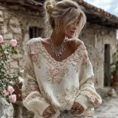 Womens Retro Bohemian Drop-Shoulder Long-Sleeve Top With A Crew Neck - Cz06 Vcx15-3Xl - View 1