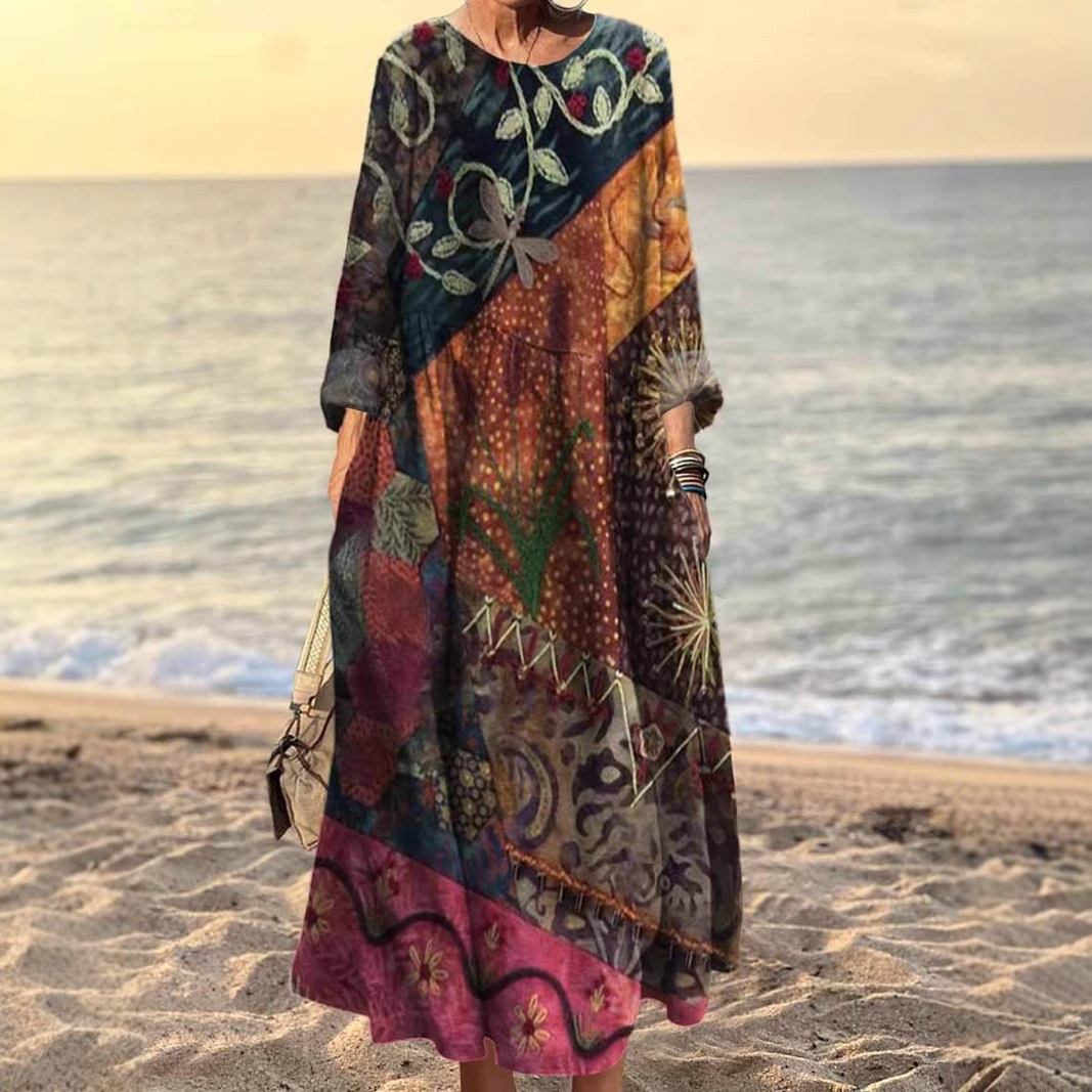 Fashionable Round-neck Long-sleeve Printed Dress