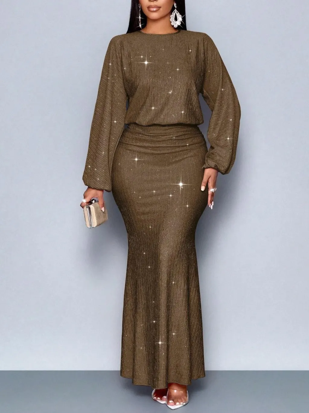 Hot Beads Long-sleeved Fishtail Dress Women - Brown