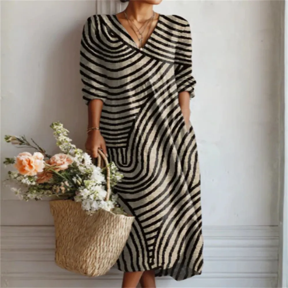 Summer New Women's Loose-fitting Fashion V-neck Printed Dress - Stripes-Xl