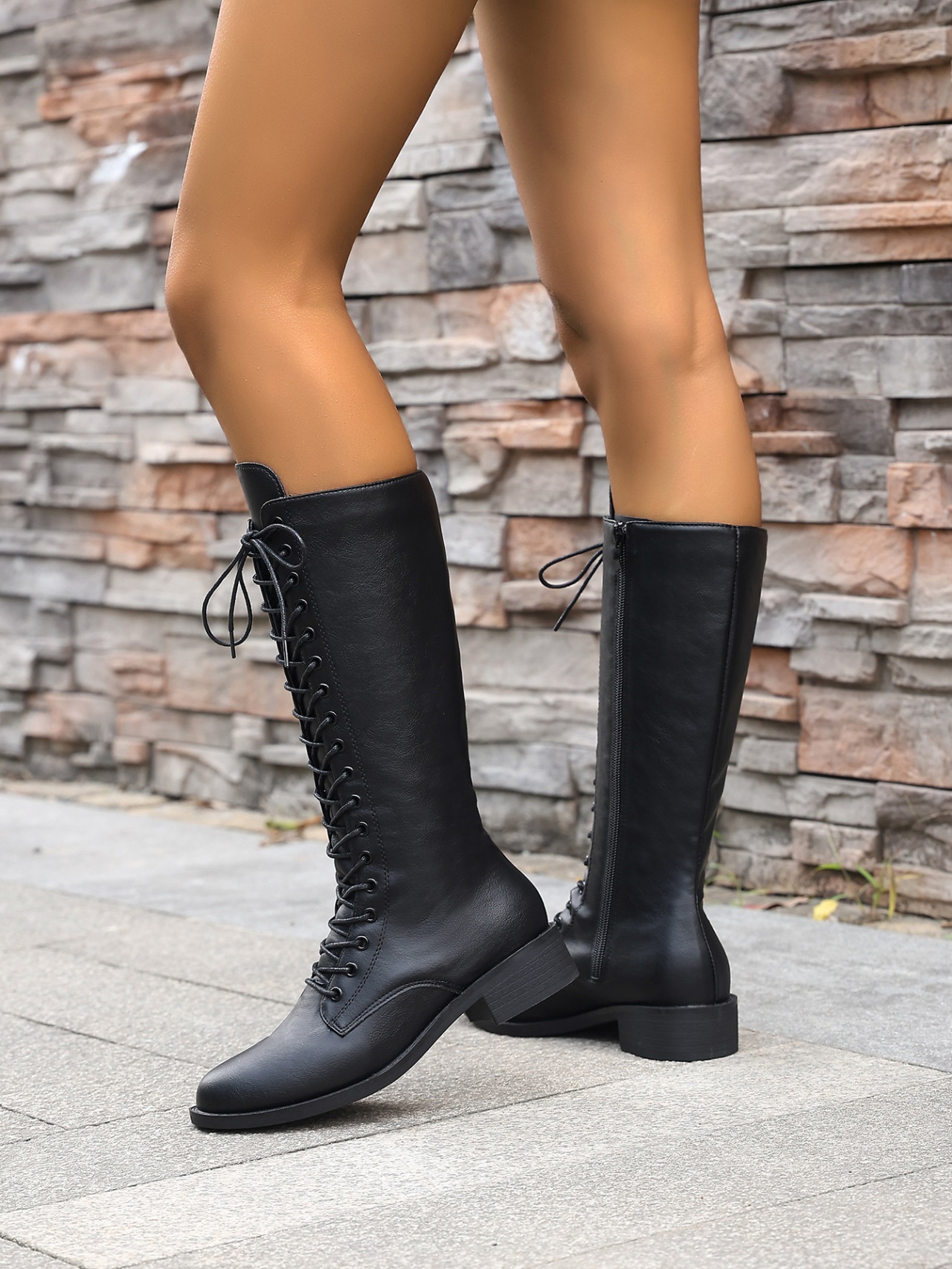Women’s Round Toe Lace-Up Knee-High Boots – Stylish Casual Long Boots