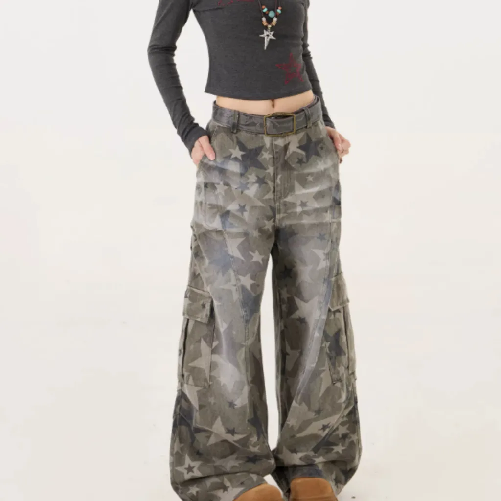 American Retro Camouflage Cargo Jeans For Women - Green