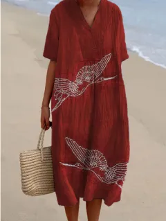 Casual Floral 3D Printed Sleeve Shirt Dress - Red - View 1