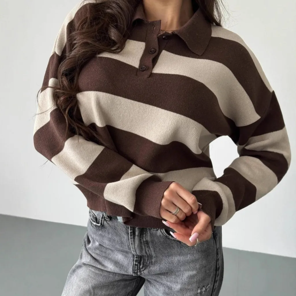 Lapel Half-zip Sweater Loose-fit Knit Top - Coffee