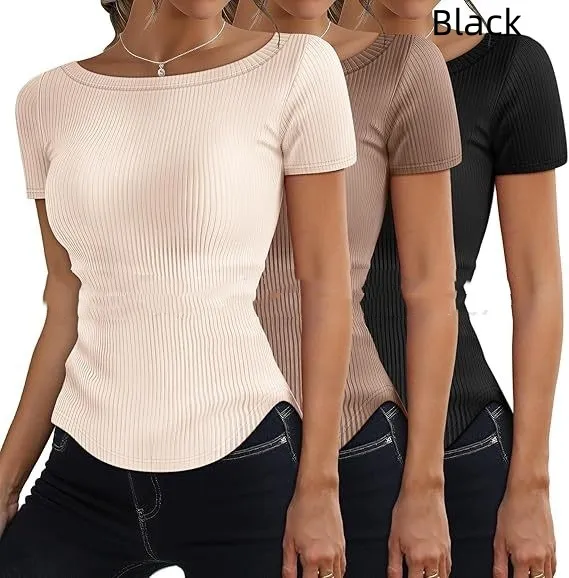 Womens Short Sleeve Rib Knit Slim Fit T Shirt Black - Shop at LoveMi