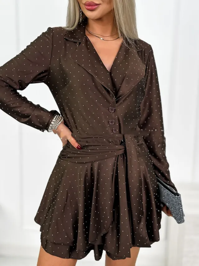 Silver embellished Ruffled V neck Chic Long sleeve Dress Coffee - Shop at LoveMi