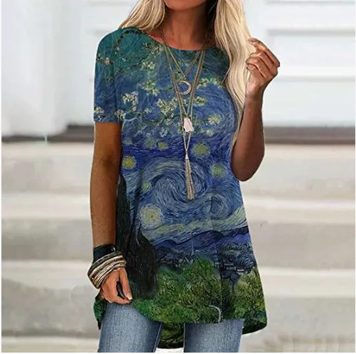 Crew Neck Casual Ethnic Style Vintage Print Short Sleeves T-shirt - G72112-M