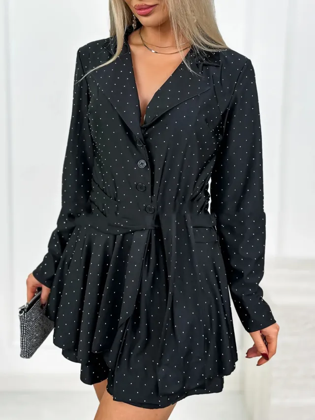 Silver embellished Ruffled V neck Chic Long sleeve Dress Black - Shop at LoveMi