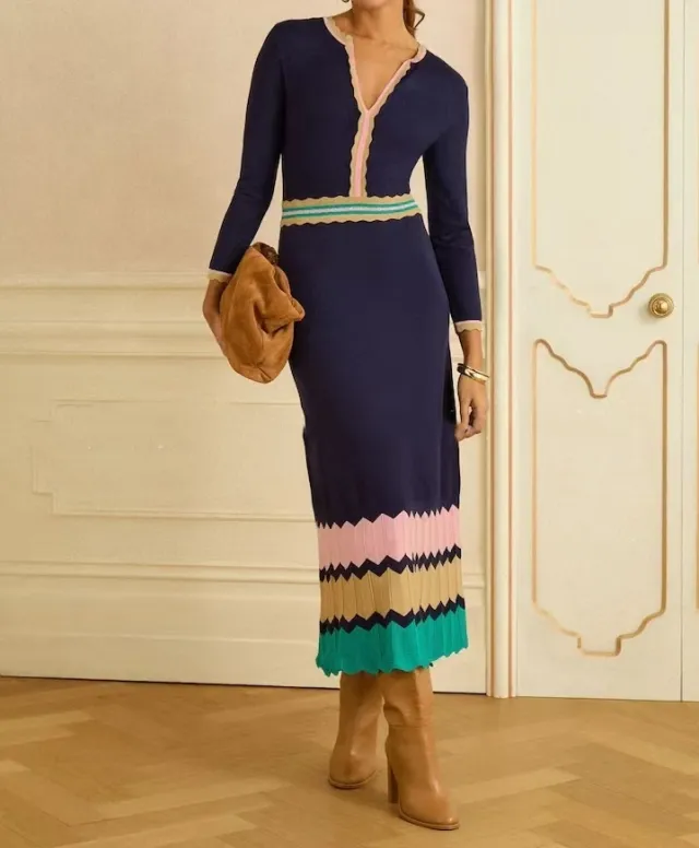 Patchwork V neck Long Retro Waist cinched Dress Navy - Shop at LoveMi