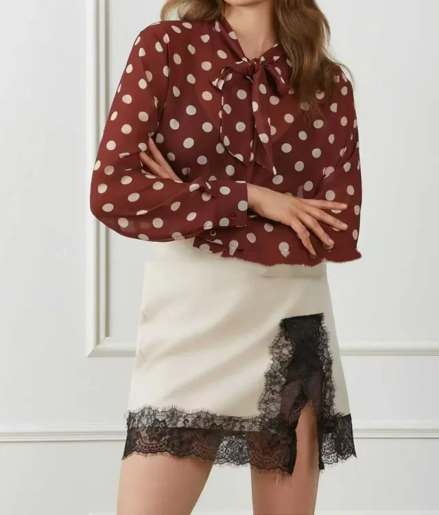 Polka dot Shirt With Long Sleeves And A Bow Detail Wine - Shop at LoveMi