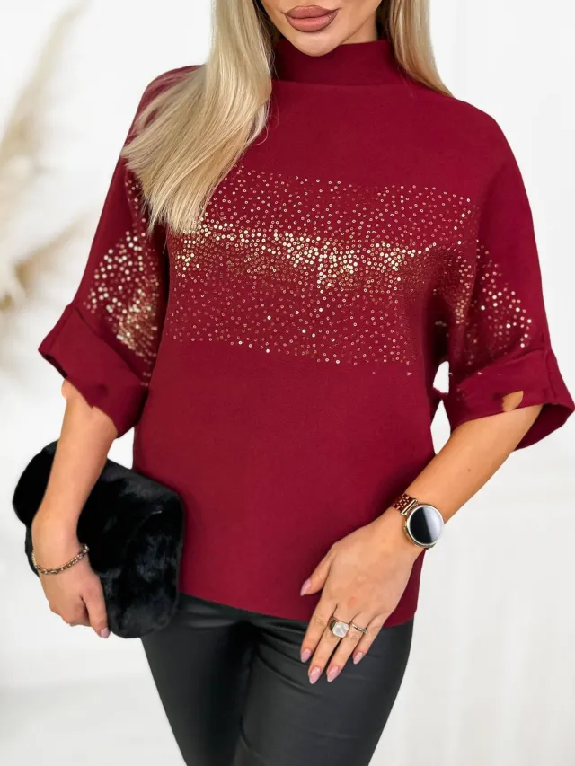 Sequin Solid color High neck Fashion Top Shirt Red - Shop at LoveMi