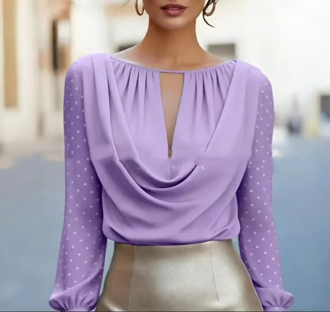 Stylish Polka-Dot V-Neck Casual Womens Top - Violet-L - View 1