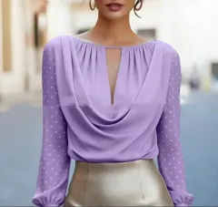Stylish Polka-Dot V-Neck Casual Womens Top - Violet-L - View 1