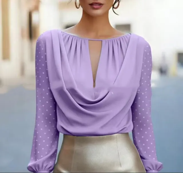 Stylish Polka Dot V Neck Casual Womens Top Violet L - Shop at LoveMi