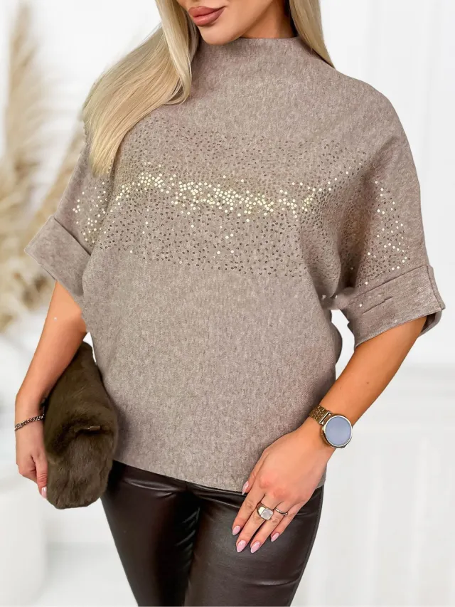 Sequin Solid color High neck Fashion Top Shirt Khaki - Shop at LoveMi