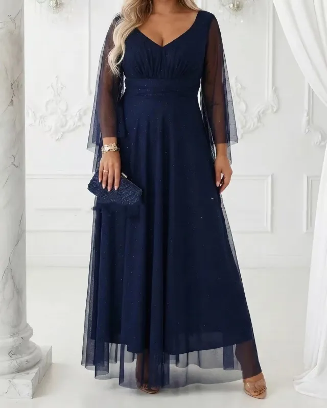Sequined Fashion Butterfly Sleeve V Neck Patchwork Mesh Womens Dress Navy - Shop at LoveMi