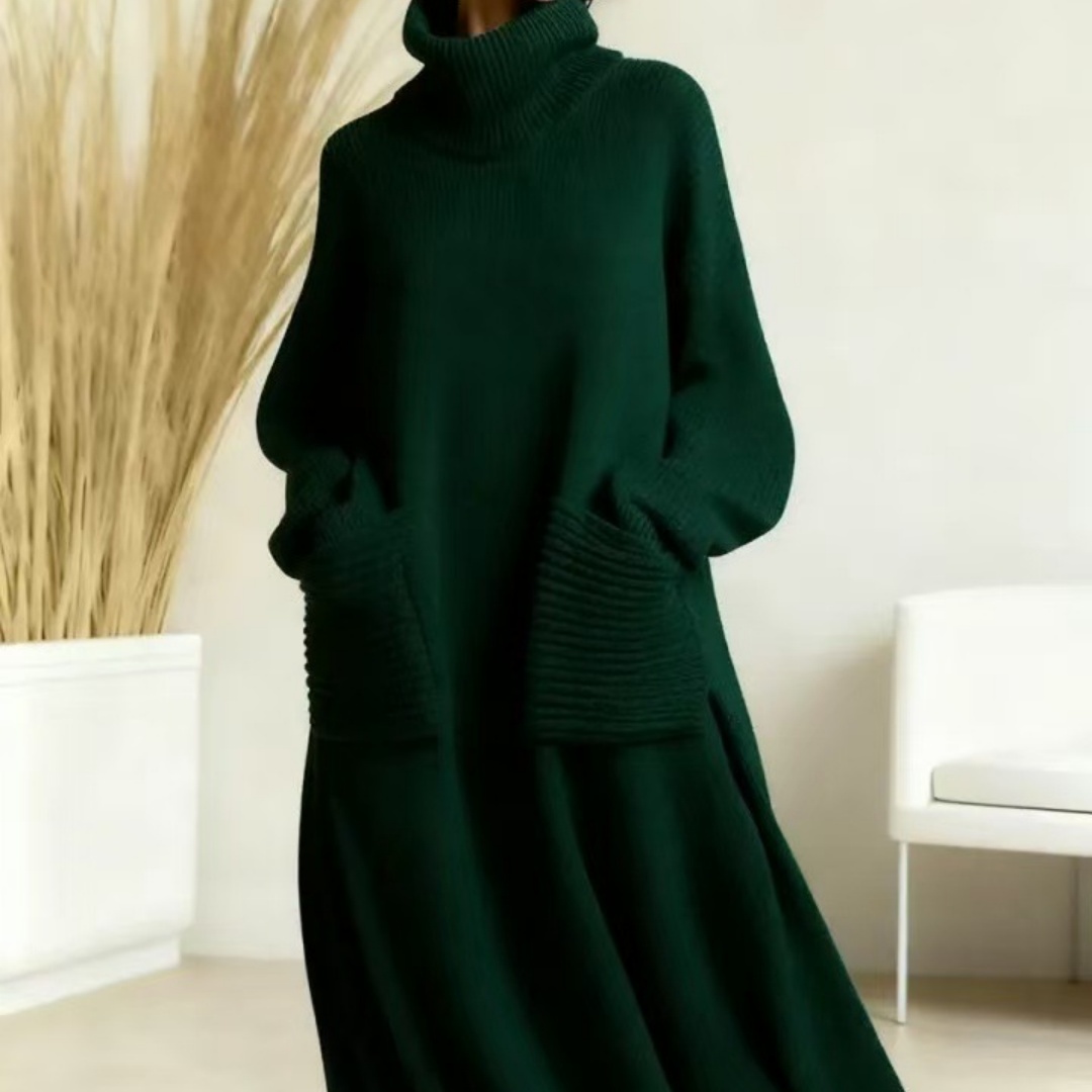 New High-neck Polyester Knit Dress With A Relaxed Fit And Pockets