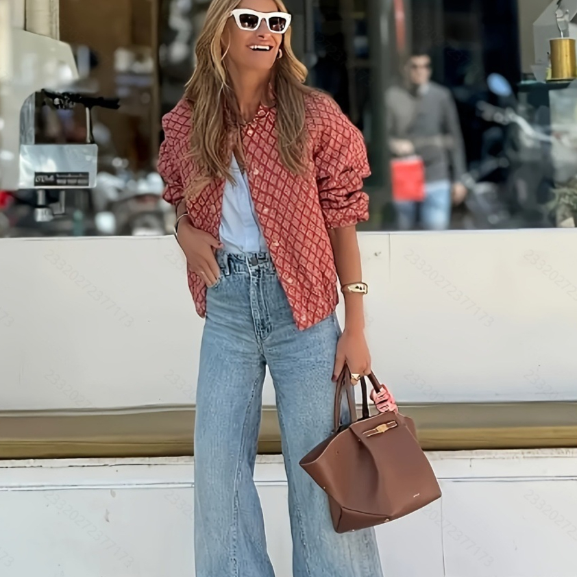 Womens Letter-Print Jacket With Buttons And Long Sleeves