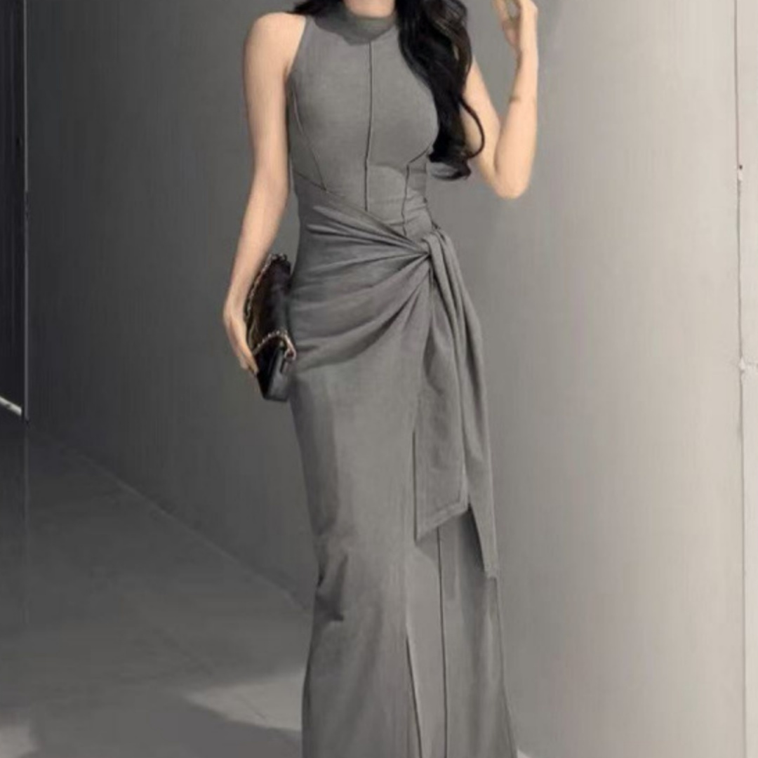 Womens Solid-Color French-Style Resort-Ready Sleeveless Two-Piece Look Dress