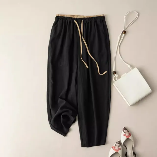 Womens Retro Korean Style Simple Cotton Linen Wide Leg Casual Pants Black - Shop at LoveMi