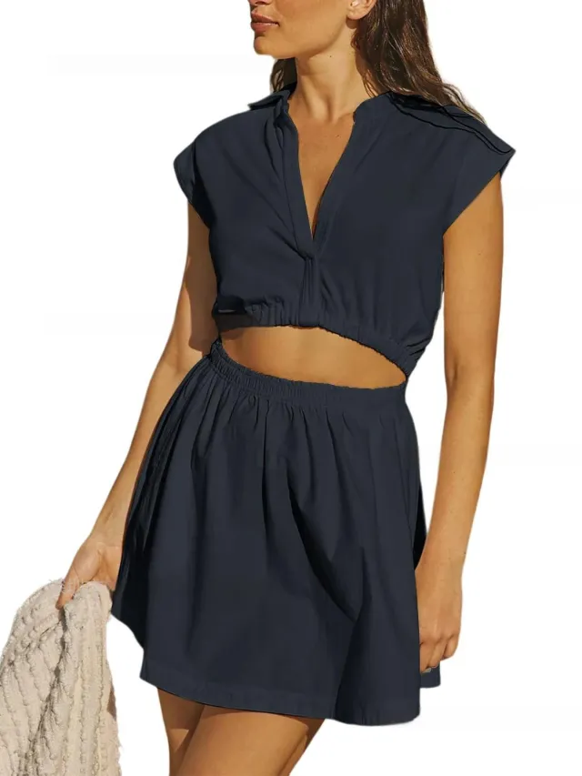 Womens V neck Solid Color Cleverly Defined Waistline Turn Down Collar Midriff Baring Short Dress Black - Shop at LoveMi