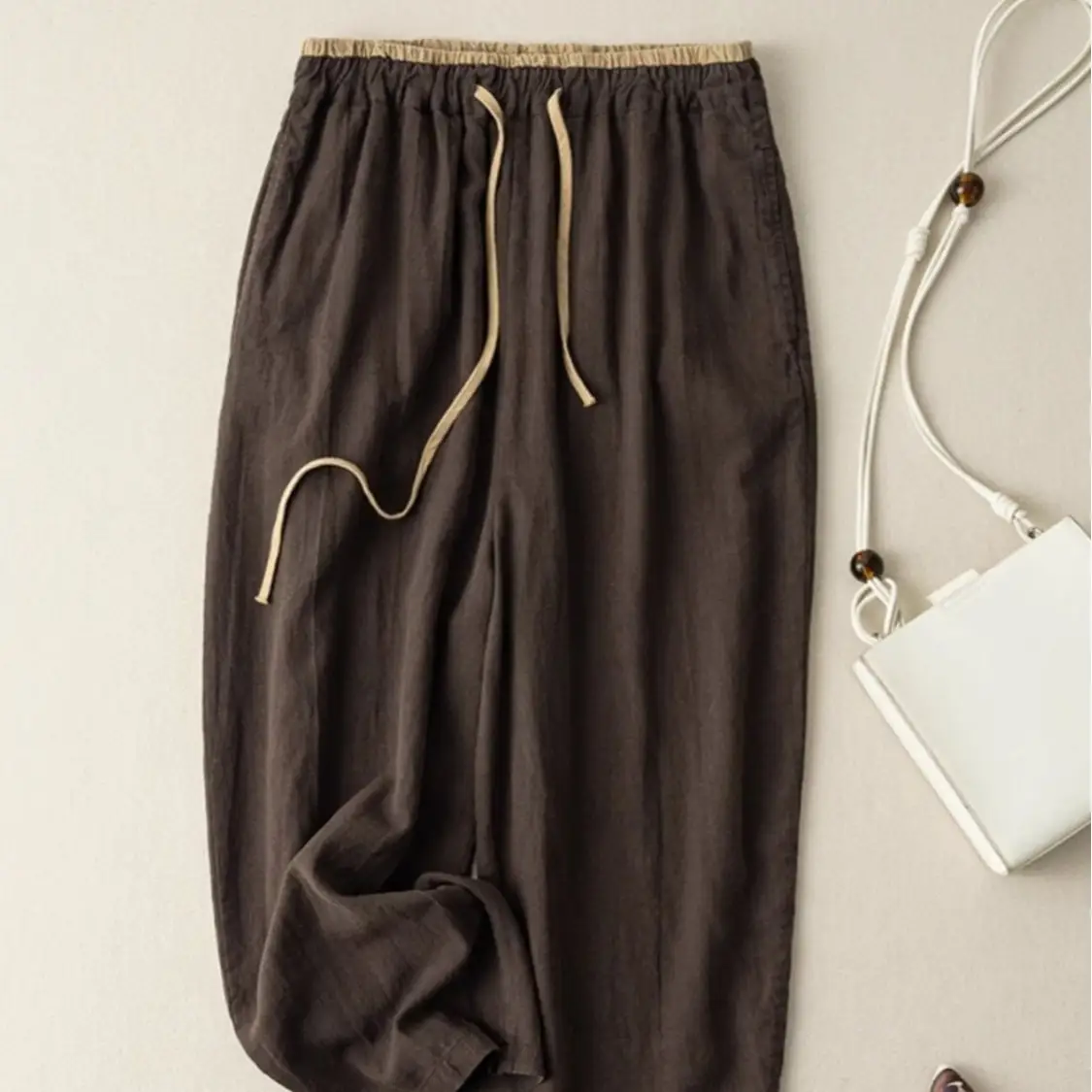 Womens Retro Korean-Style Simple Cotton-Linen Wide-Leg Casual Pants