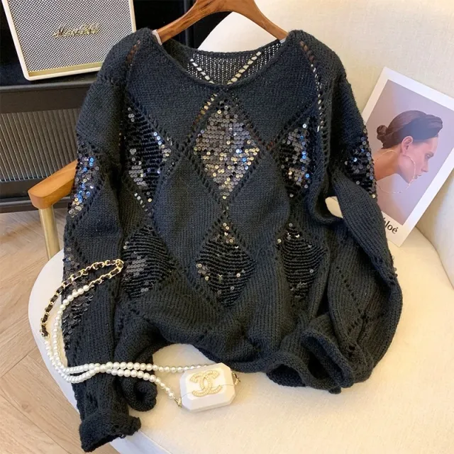 Idle Style Large Design Pullover Sequins Loose fitting All match Sweater Black - Shop at LoveMi