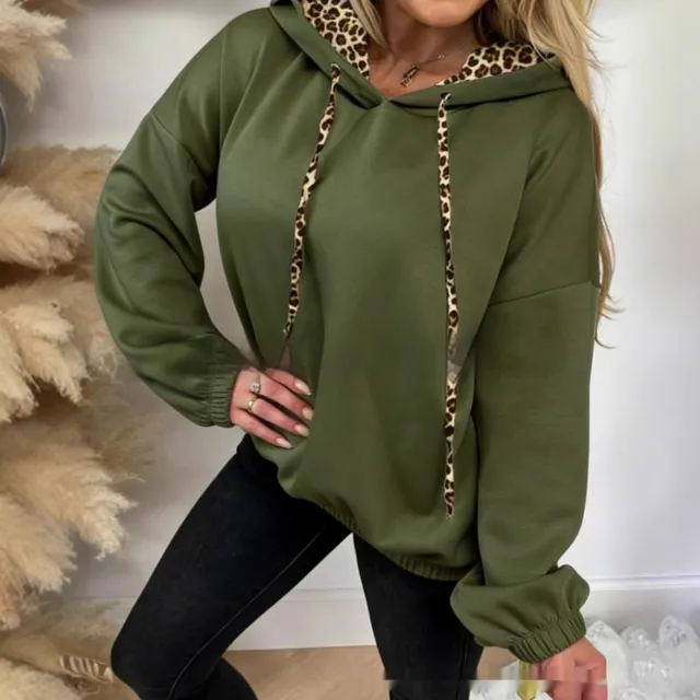 Solid color Side panel Leopard print Patchwork Hooded Long sleeve Sweatshirt Green - Shop at LoveMi
