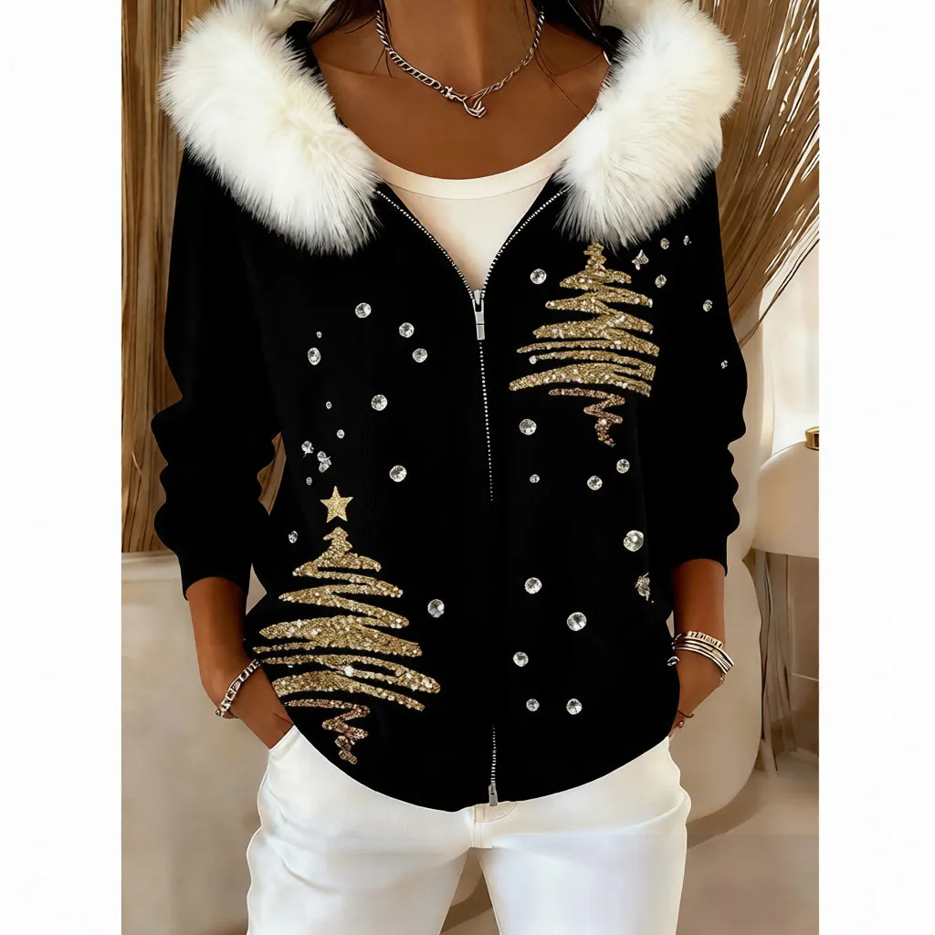 Fashionable 3D Digital Printed Women's Cardigan With Fur Collar And Hooded Sweatshirt - Black