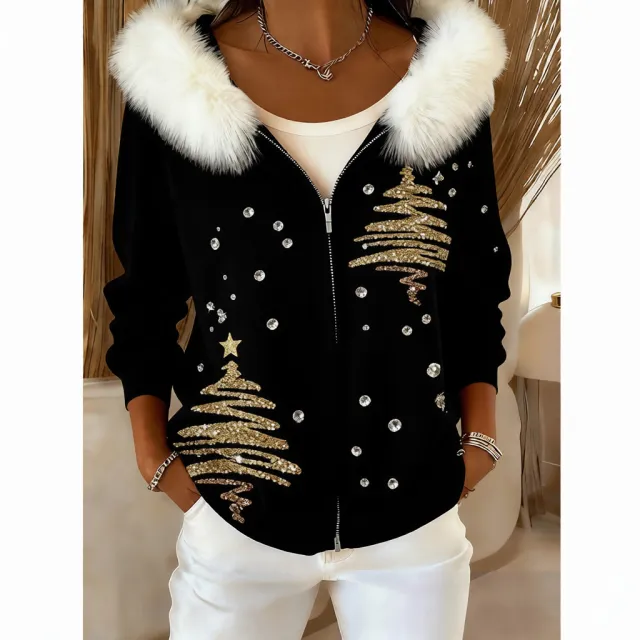 Fashionable 3D Digital Printed Women's Cardigan With Fur Collar And Hooded Sweatshirt Black - Shop at LoveMi
