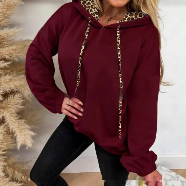 Solid color Side panel Leopard print Patchwork Hooded Long sleeve Sweatshirt Wine - Shop at LoveMi
