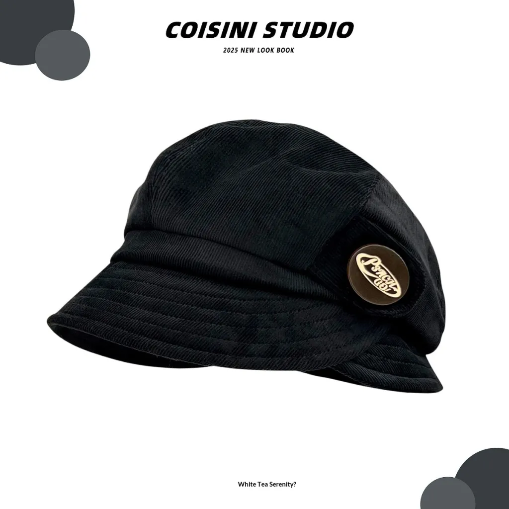 Japanese-style Retro Brown Corduroy Fishermans Hat With A Folded Brim - Black