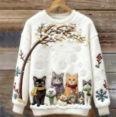 Womens Printed Cat Christmas Crew-Neck Sweatshirt Top - Fqhdbgs3A1M6Gm-M - View 1