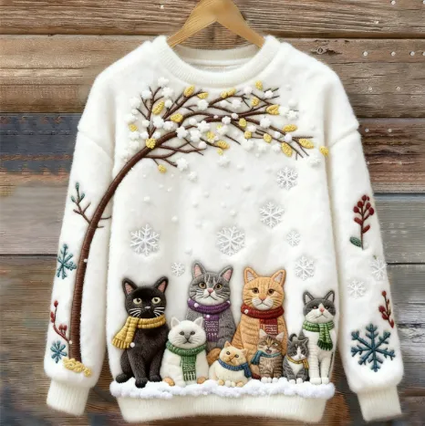 Womens Printed Cat Christmas Crew Neck Sweatshirt Top Fqhdbgs3A1M6Gm M - Shop at LoveMi