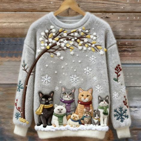 Womens Printed Cat Christmas Crew-Neck Sweatshirt Top