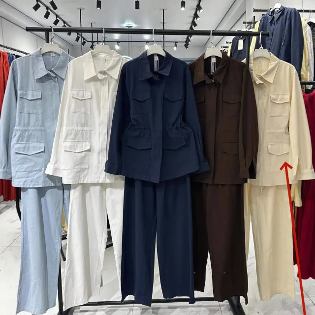 Denim Long sleeve Button up Retro Casual Pants Workwear Fashion Set Champagne Xs - Shop at LoveMi