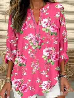 Loose-fitting Casual Womens Shirt With A V-neck And A Printed Design - Ncx17-4Xl - View 1