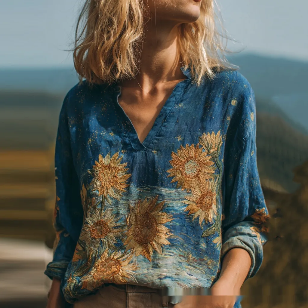 Loose-fitting Casual Womens Shirt With A V-neck And A Printed Design - Ncx15-3Xl